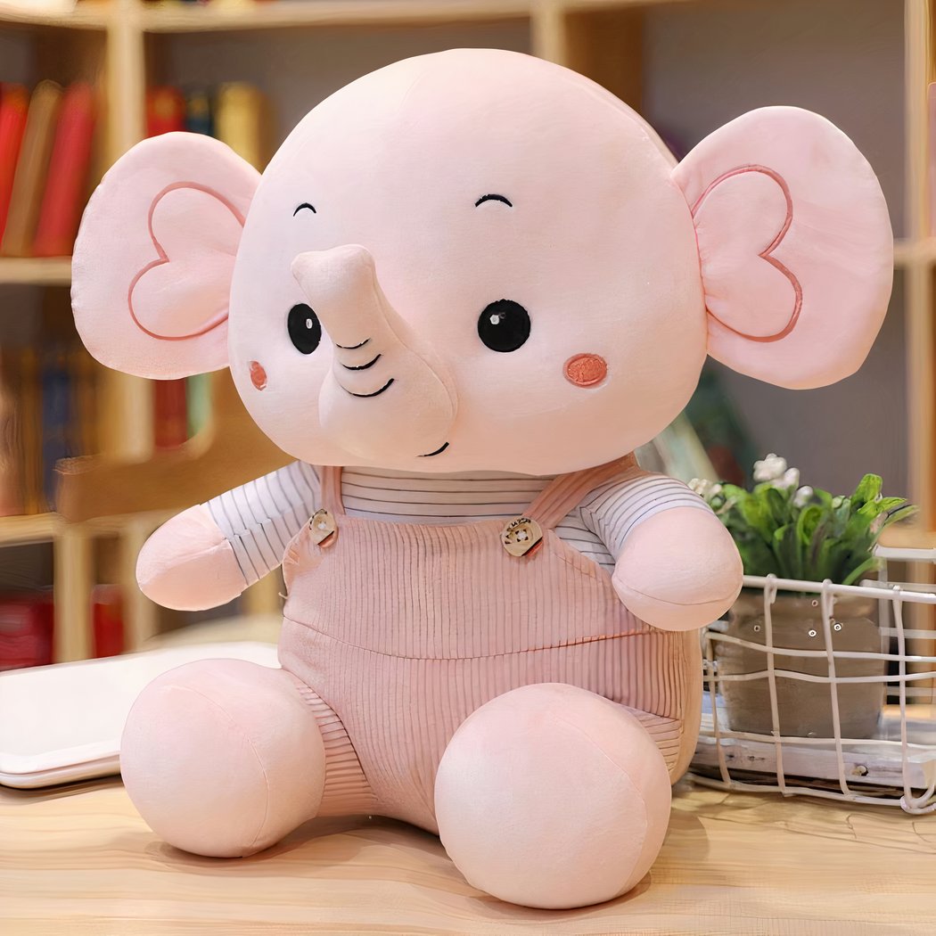 Peluche éléphant en salopette colorée