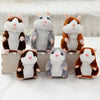 Peluche Hamster marron parlant, six plush hamsters in brown, gray, and white.