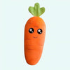 Giant carrot plush with a shy smile, big eyes, green leafy top, soft hypoallergenic fabric for kids.
