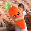 Giant carrot plush toy with a shy face hugged by a girl; ultra-soft hypoallergenic cuddle companion.