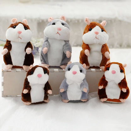 Peluche Hamster marron parlant, six plush hamsters in brown, gray, and white.