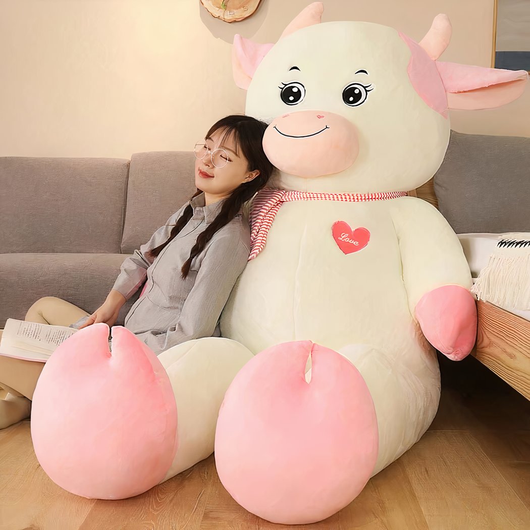 Peluche vache géante blanche rose