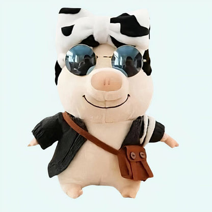 Peluche cochon habillé avec noeud vache