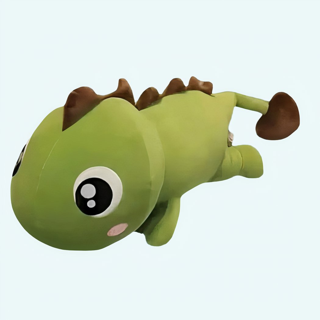Kawaii green dinosaur plush toy with brown spikes and large cartoon eyes.