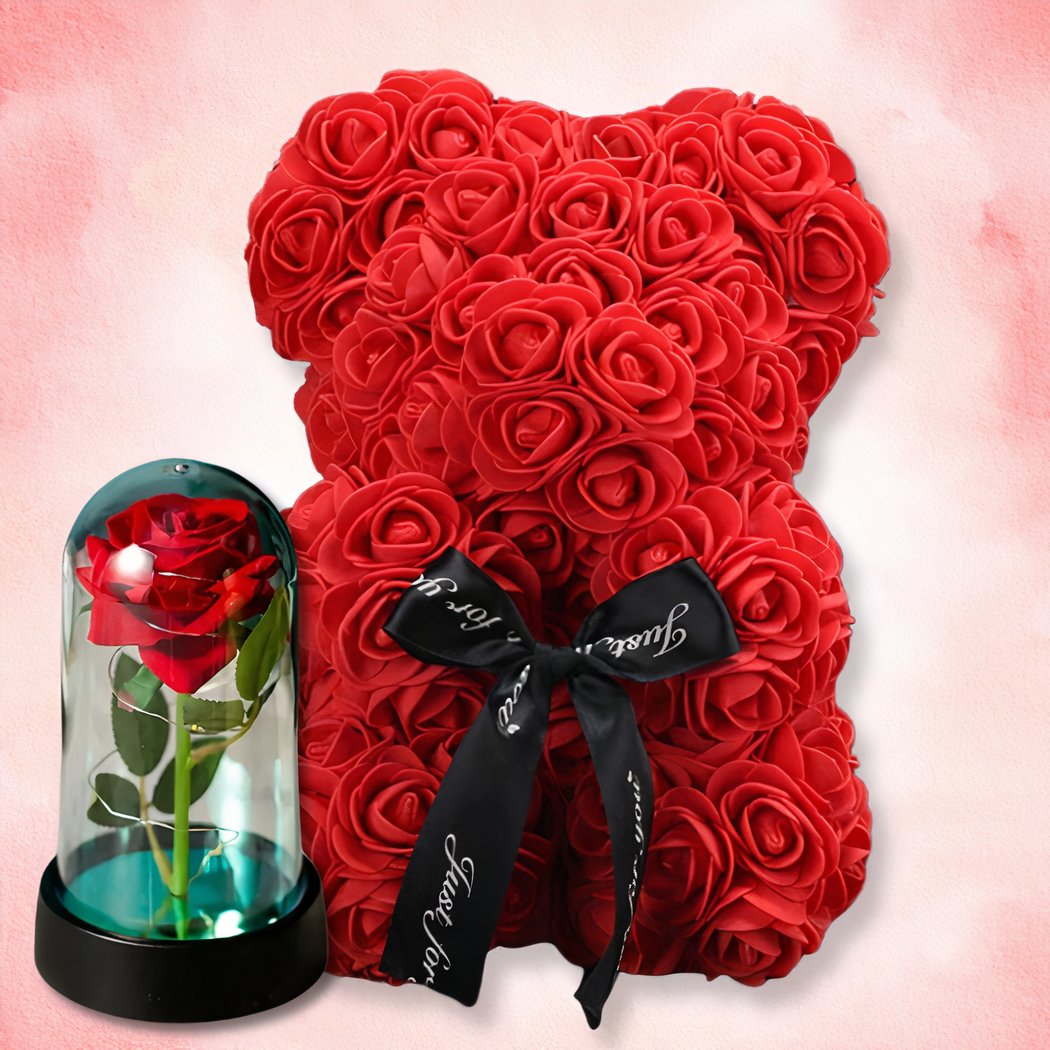 Cadeau St-Valentin lot d'ourson en roses avec sa rose éternelle
