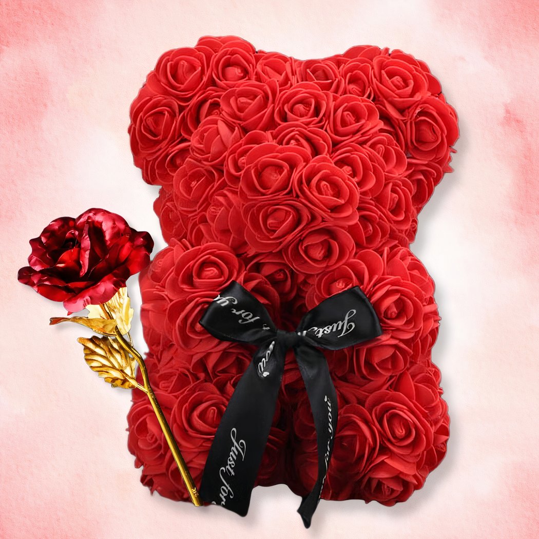 Ourson en Roses avec un noeud pour Saint-Valentin