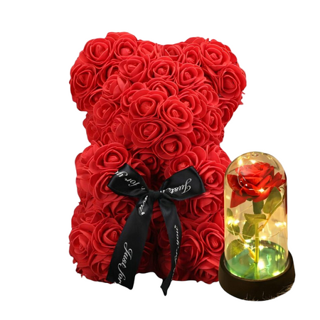 Cadeau St-Valentin lot d'ourson en roses avec sa rose éternelle