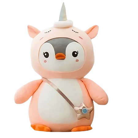 Peluche pingouin déguisé licorne rose