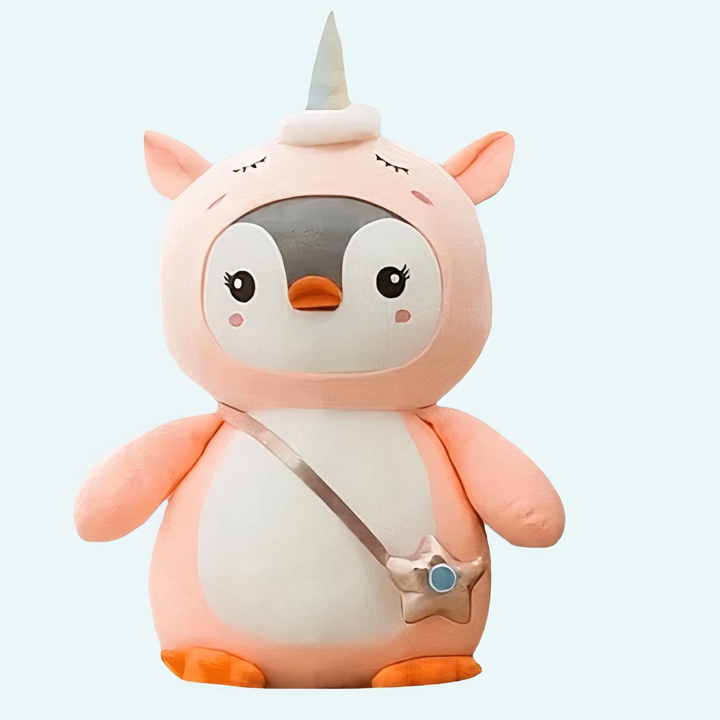 Peluche pingouin déguisé licorne rose