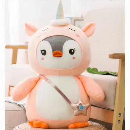 Peluche pingouin déguisé licorne rose