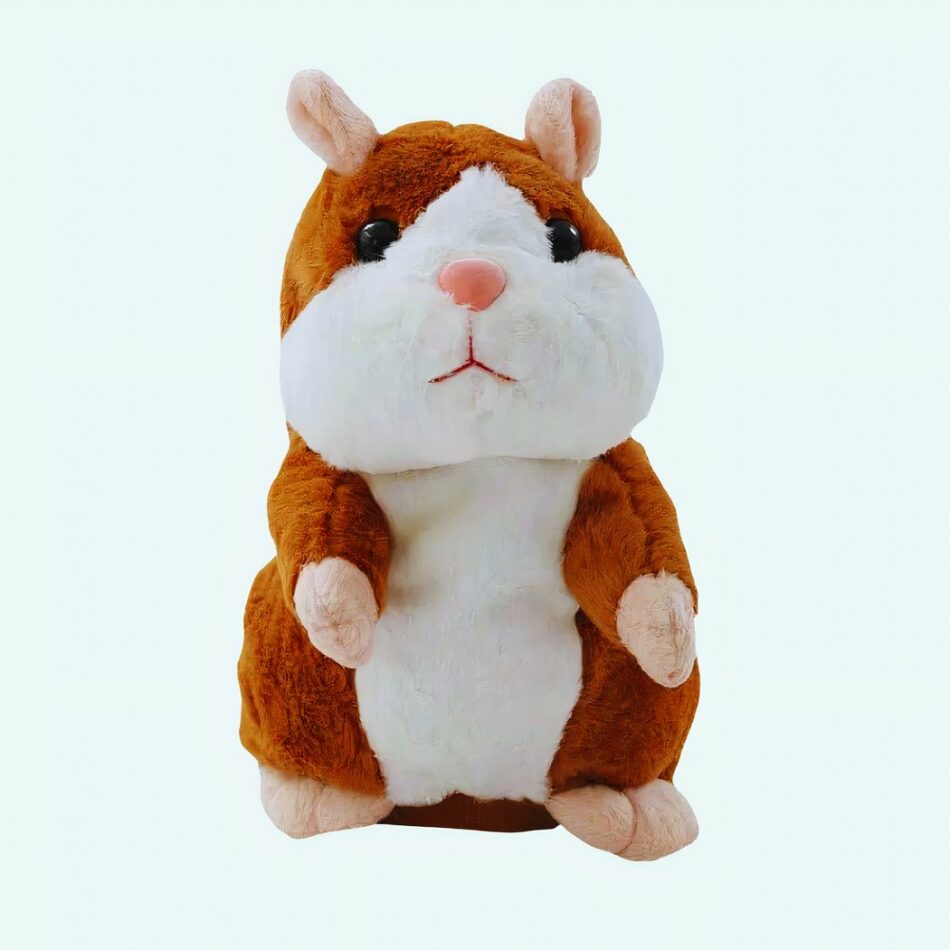 Peluche Hamster marron parlant plush toy—soft brown and white hamster stuffed animal.
