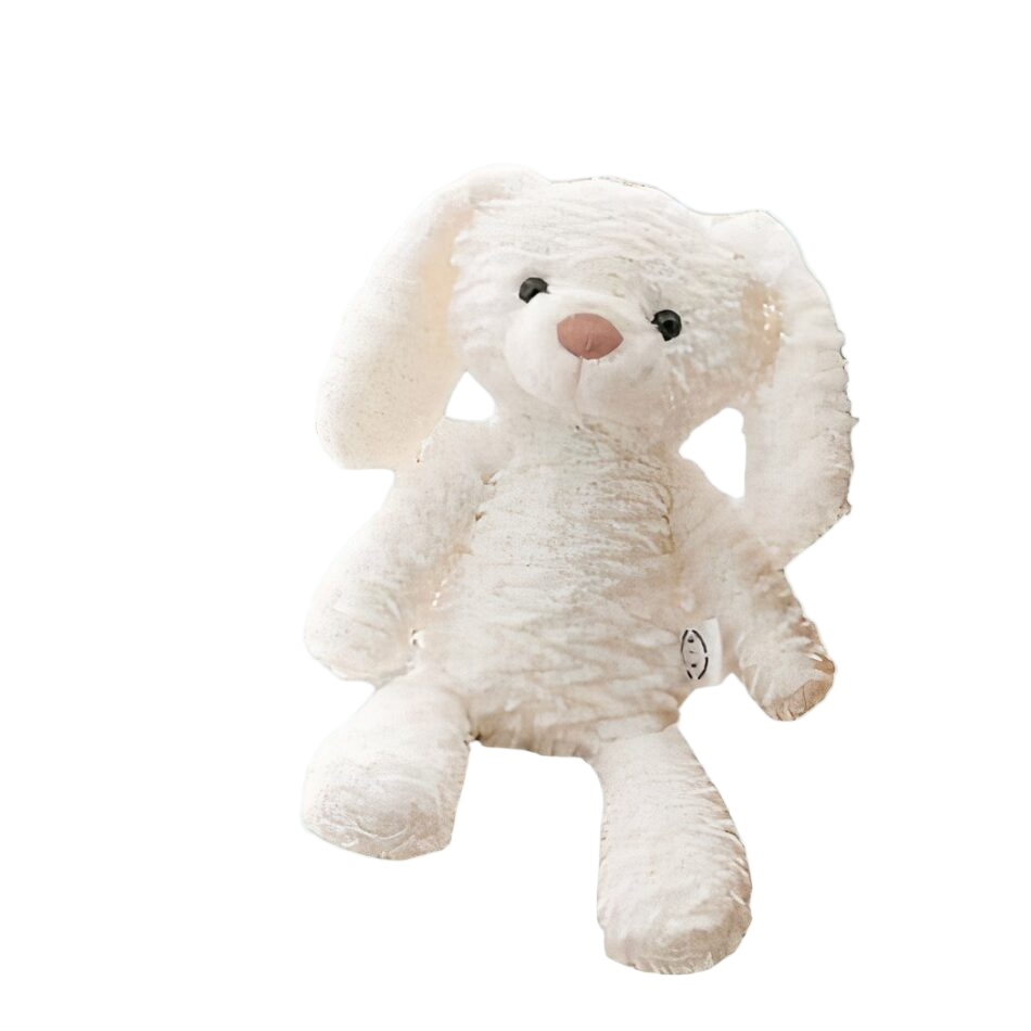 Soft white plush bunny toy with long ears, pink nose, and black eyes.