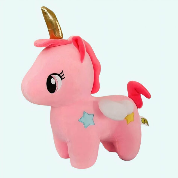 Peluche licorne rose de corne dorée