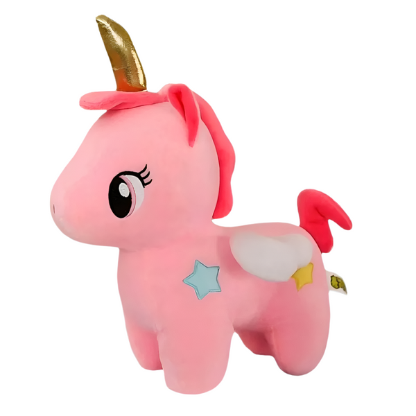 Peluche licorne rose de corne dorée