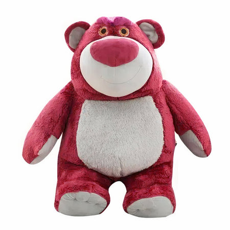Giant pink Lotso plush bear from Toy Story with a white belly.