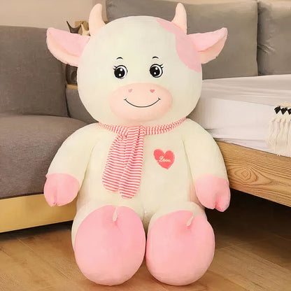 Peluche vache géante blanche rose