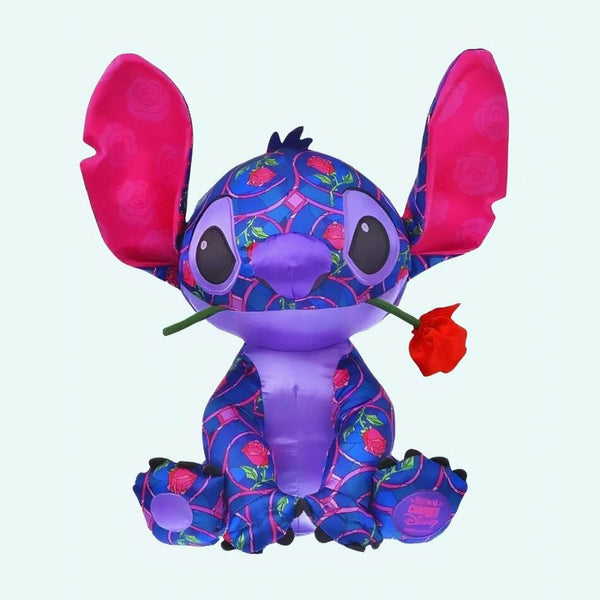 Peluche violette Stitch avec une rose rouge dans la bouche
