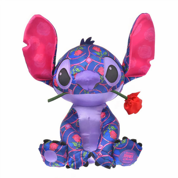 Peluche violette Stitch avec une rose rouge dans la bouche