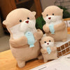 Three beige otter plushies each holding a light-blue fish
