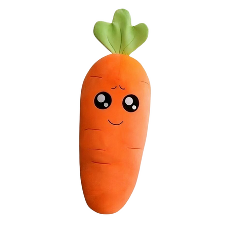 Soft giant carrot plush with cute eyes and green leafy top, cuddly and hypoallergenic.