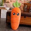 Giant carrot plush with cute eyes and leafy top, ultra-soft and hypoallergenic cuddle toy for kids.
