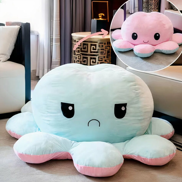 Peluche géante pieuvre réversible visage content et pas content