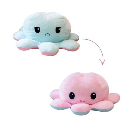 Peluche géante pieuvre réversible visage content et pas content
