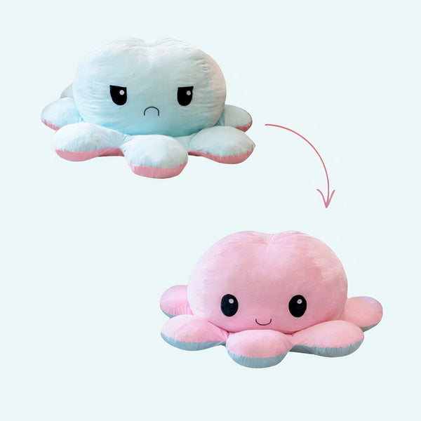 Peluche géante pieuvre réversible visage content et pas content