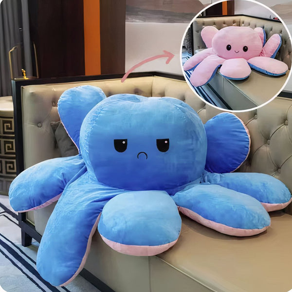Peluche géante pieuvre réversible visage content et pas content
