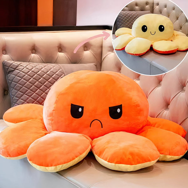 Peluche géante pieuvre réversible visage content et pas content