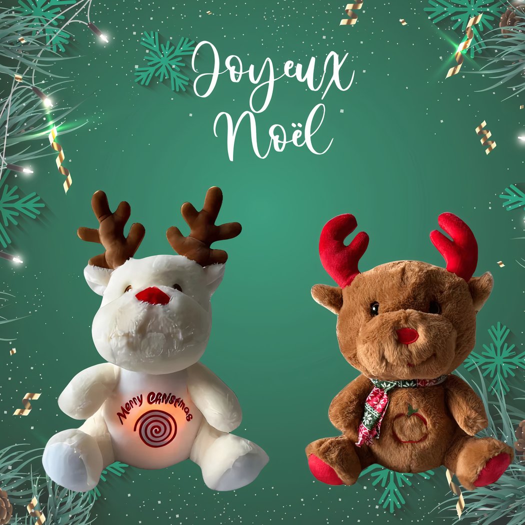 Peluche renne blanc ou marron de Noël qui respire avec berceuses