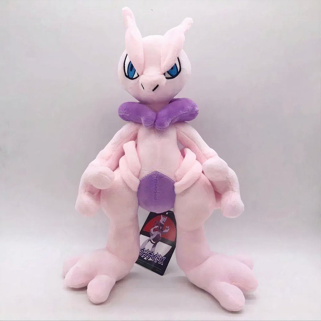 Peluche Pokemon Psy Mewtwo plush: pink body, purple scarf, tag visible.
