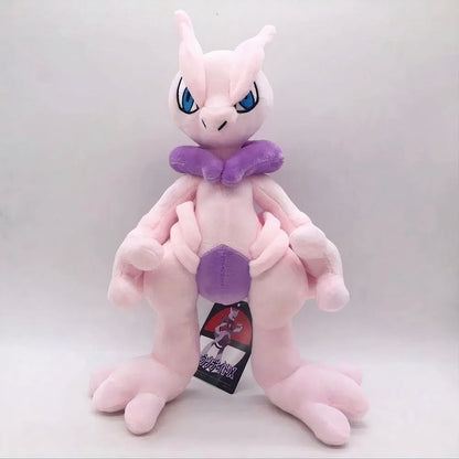 Peluche Pokemon Psy Mewtwo plush: pink body, purple scarf, tag visible.