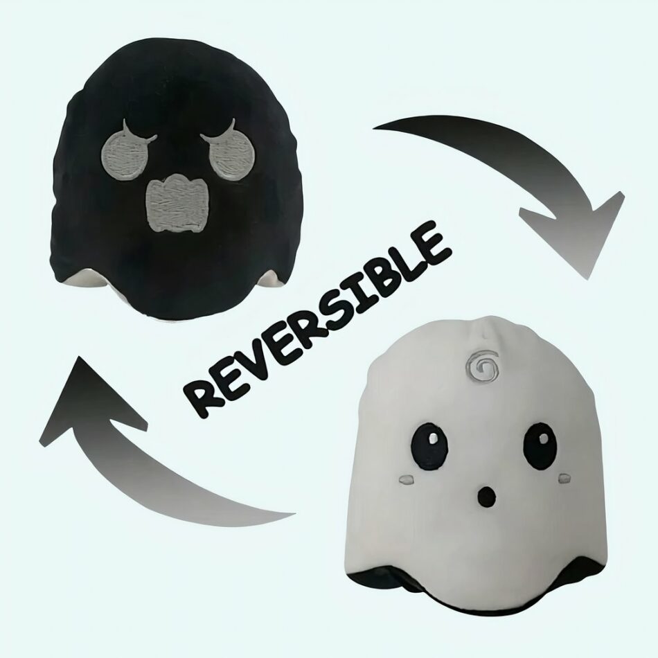 Peluche fantôme noir et blanc réversible, fluorescente