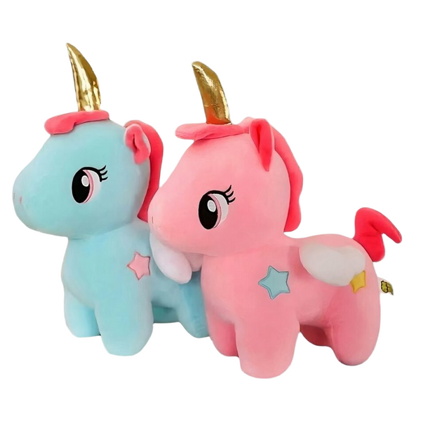 Peluche licorne bleue de corne dorée