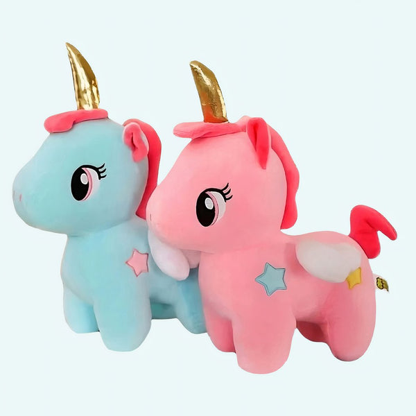 Peluche licorne bleue de corne dorée