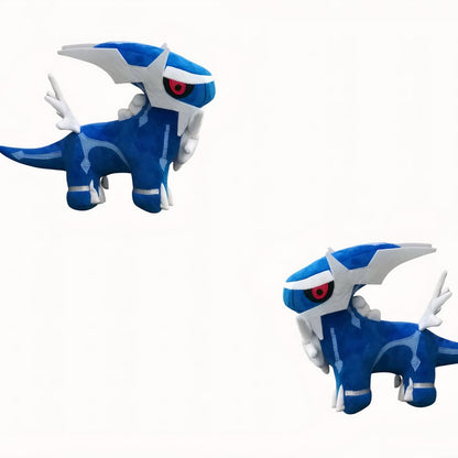 Peluche Pokémon Dialga plush toys, two blue figures with white accents and red eyes.