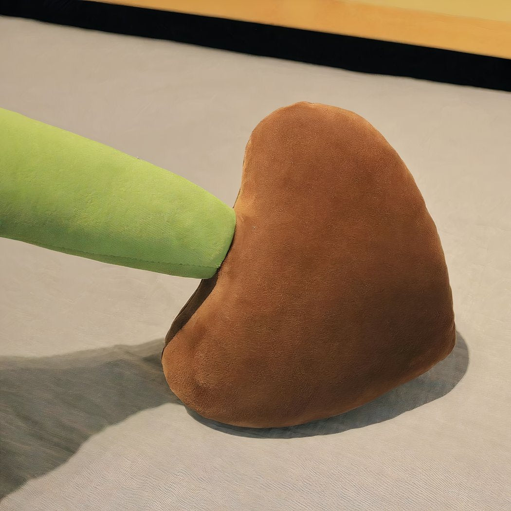 Kawaii green dinosaur plush toy with brown egg-shaped base.